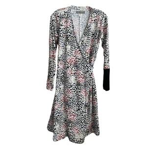 Stina Sayre Long Sleeve Wrap Dress Size Small Leopard Print‎ Cotton Knee Length